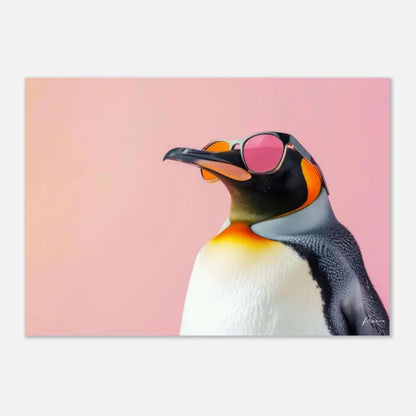 Un portrait élégant de pingouin avec des lunettes de soleil teintées en rose, présentant un plumage noir et blanc accentué par des marques vives orange et jaune.