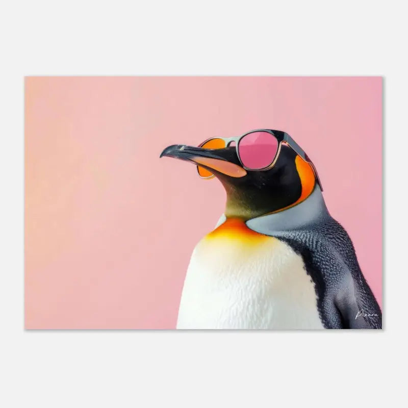 Un portrait élégant de pingouin avec des lunettes de soleil teintées en rose, présentant un plumage noir et blanc accentué par des marques vives orange et jaune.