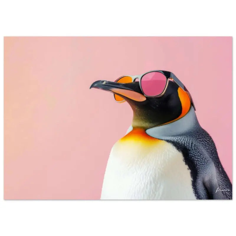Un pingouin stylé portant des lunettes de soleil teintées en rose avec une monture noire sur un fond rose doux.
