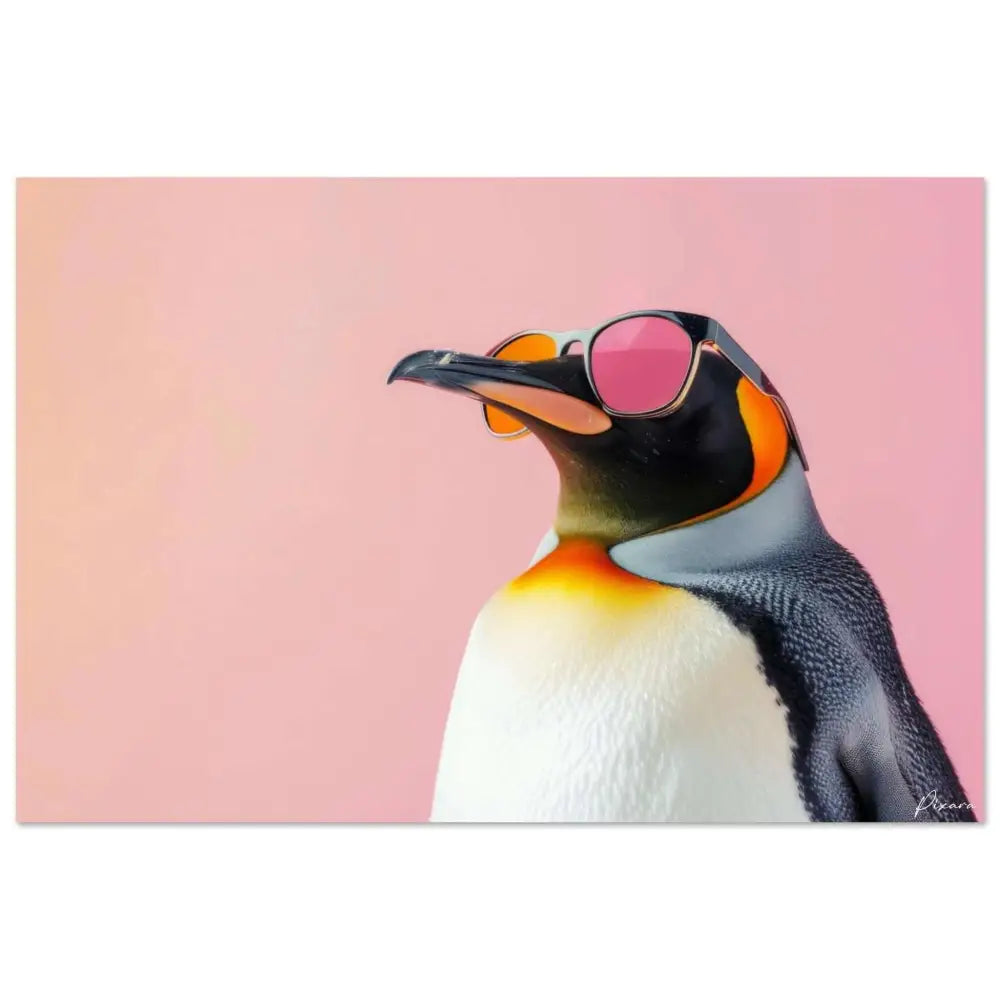 Un pingouin stylé portant des lunettes de soleil aux verres teintés de rose avec des montures noires sur un fond rose doux.