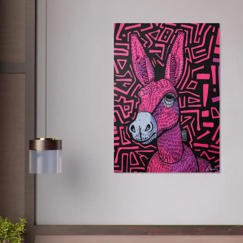 Une illustration vibrante d’un âne rose avec un museau blanc et des motifs géométriques noirs sur un fond sombre, rendue dans un style graphique audacieux.