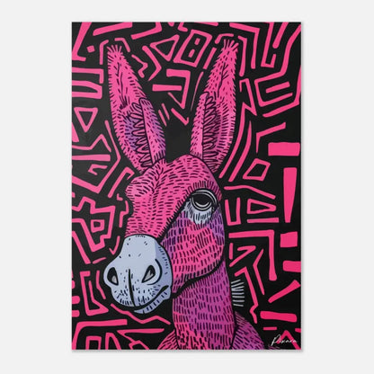 Une illustration stylisée d’un âne rose et violet vibrant avec un nez gris, sur un fond noir orné de motifs géométriques audacieux.