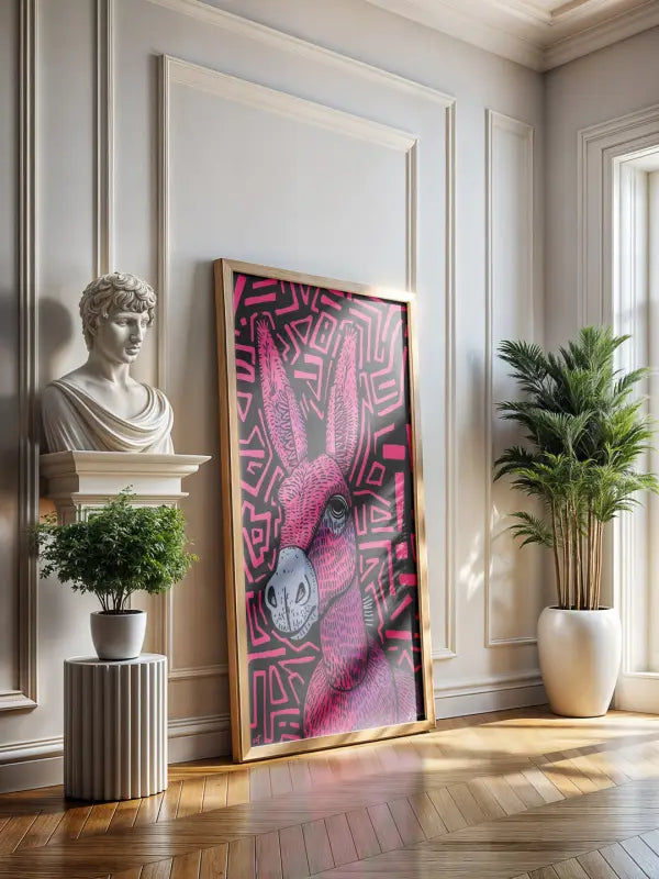 Un portrait abstrait vibrant d’un âne rose et noir dans une toile encadrée en or.