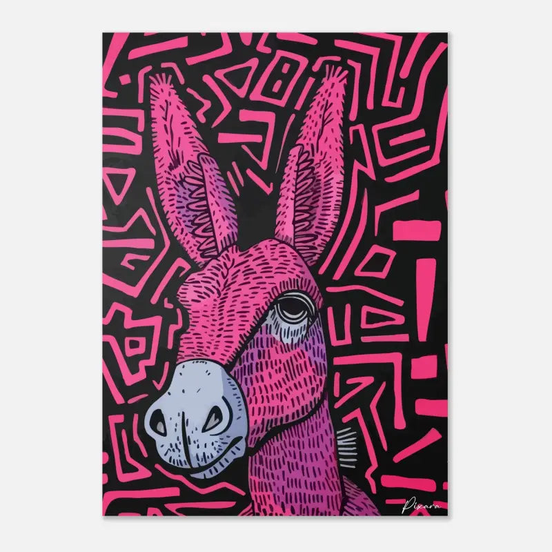 Une illustration vibrante d’un âne rose avec un museau gris, sur un fond noir audacieux orné de motifs géométriques abstraits.