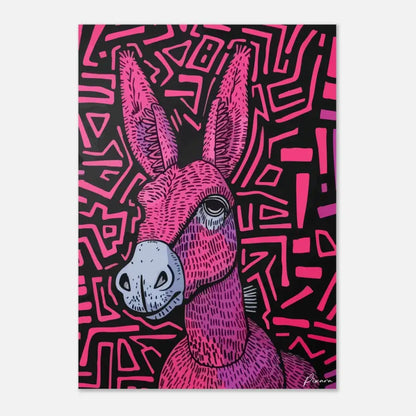 Une illustration stylisée d’un âne rose et violet vibrant sur un fond noir avec des motifs géométriques audacieux.