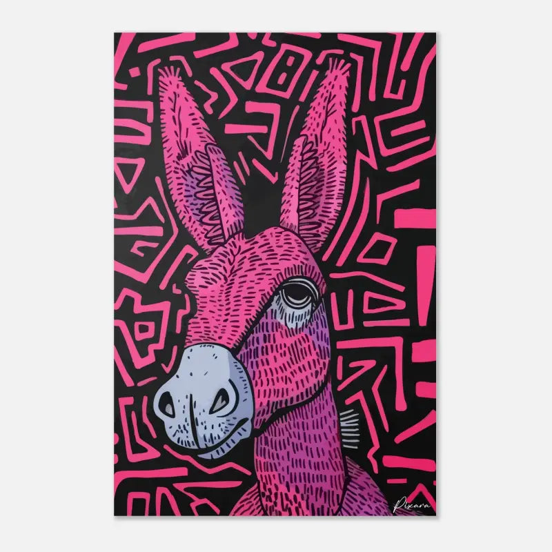 Œuvre d’art stylisée de donkey aux teintes vives rose et violet avec des motifs géométriques noirs audacieux sur un fond sombre.