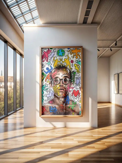 Portrait pop art vibrant et coloré dans un cadre en bois clair, présentant des contours audacieux et des figures de dessin animé ludiques.