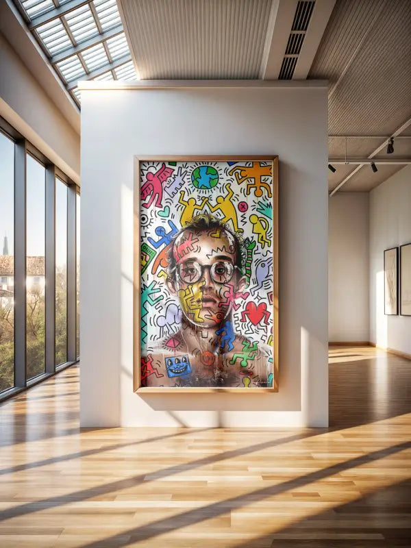 Portrait pop art vibrant et coloré dans un cadre en bois clair, présentant des contours audacieux et des figures de dessin animé ludiques.