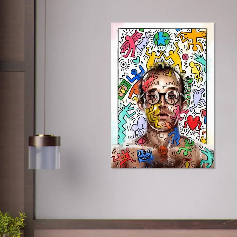 Œuvre d’art vibrante et colorée dans le style de Keith Haring présentant un portrait stylisé avec des contours noirs audacieux et des figures ludiques en rose, jaune, bleu, vert et rouge.