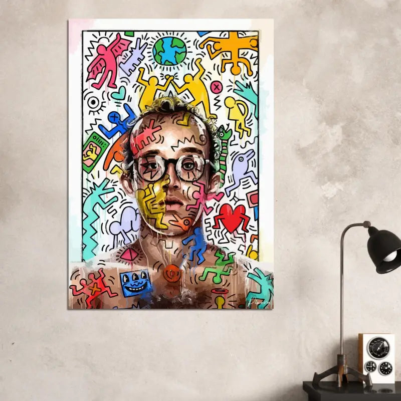 Impression sur toile vibrante et colorée présentant un portrait stylisé avec des contours audacieux et des figures de dessin animé ludiques dans des tons de rose, jaune, bleu, vert et rouge.