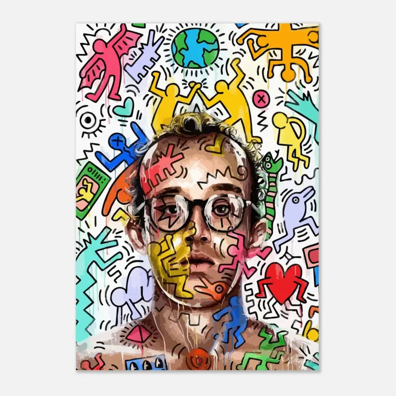 Impression de portrait vibrant, style cartoon, mettant en scène un homme portant des lunettes entouré de figures et symboles abstraits colorés aux contours audacieux.