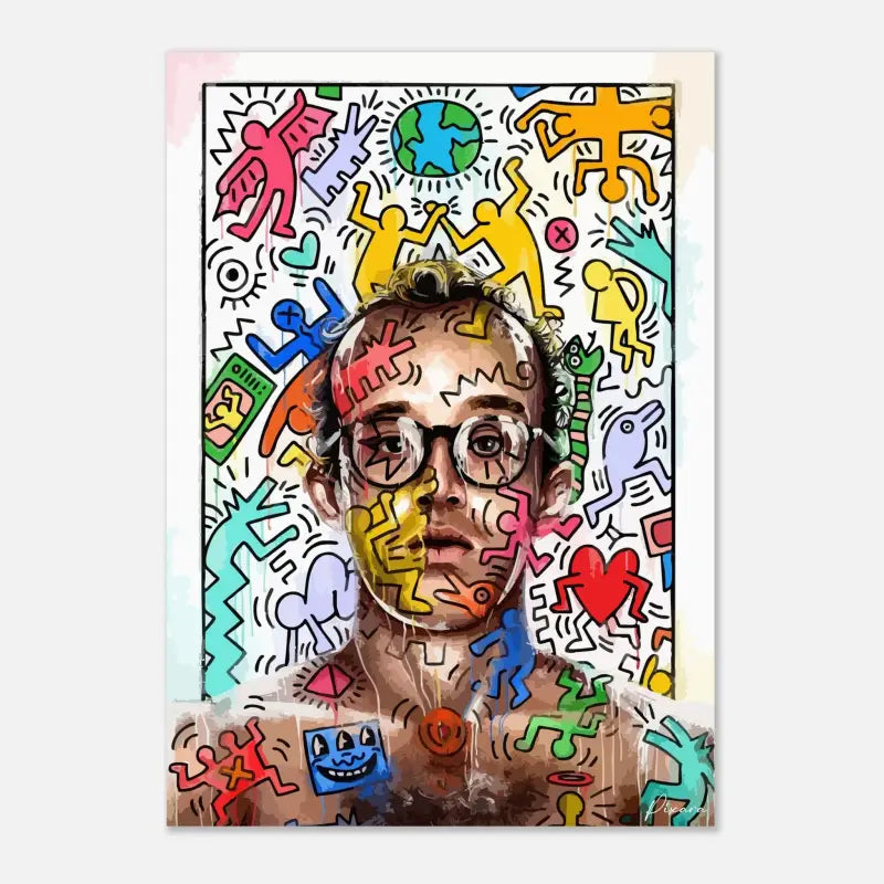 Impression de portrait vibrant de style cartoon mettant en scène un homme portant des lunettes entouré de figures et symboles abstraits colorés aux contours audacieux.