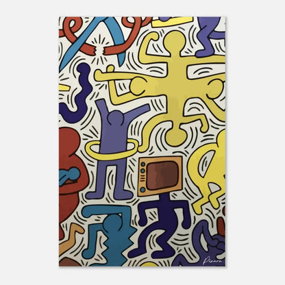 Œuvre d’art vibrante et stylisée mettant en scène des figures audacieuses en jaune et violet avec des lignes dynamiques sur un fond blanc.