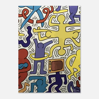 Œuvre d’art vibrante et stylisée présentant des figures audacieuses en jaune et violet avec des lignes dynamiques sur un fond blanc.