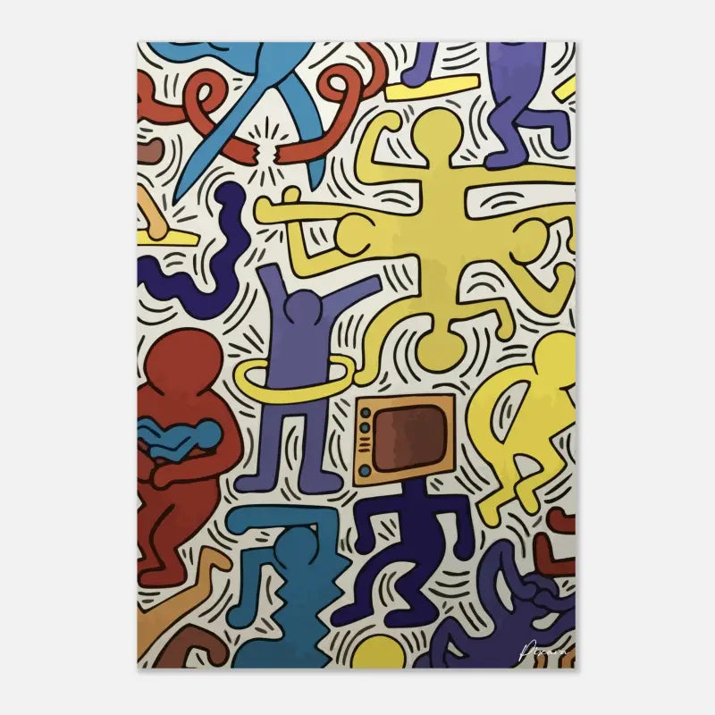 Œuvre d’art stylisée vibrante mettant en scène des figures abstraites audacieuses et colorées en bleu, jaune, violet et rouge sur un fond blanc.