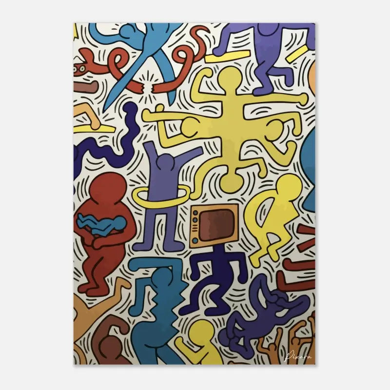 Œuvre d’art vibrante et stylisée mettant en scène des figures audacieuses et cartoonish en jaune, bleu, violet et rouge sur un fond crème.