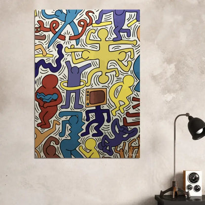 Impression sur toile stylisée et vibrante présentant des figures audacieuses et cartoonish en jaune, bleu, rouge et violet sur un fond blanc avec des contours noirs.