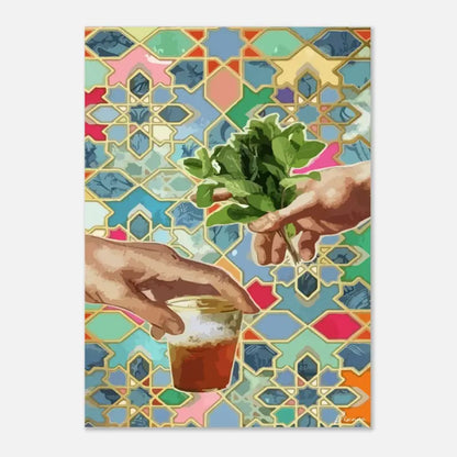 Une illustration vibrante, peinte à la main, de deux mains échangeant un bouquet d’herbes vertes fraîches et un petit pot en verre rempli de liquide ambré sur un fond de mosaïque géométrique colorée.