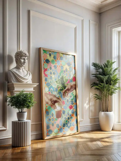 Une œuvre d’art encadrée vibrante et orientée verticalement présentant un motif de mosaïque coloré avec deux mains se tendant l’une vers l’autre sur un fond de formes géométriques dans des nuances de rose, bleu, vert et jaune.