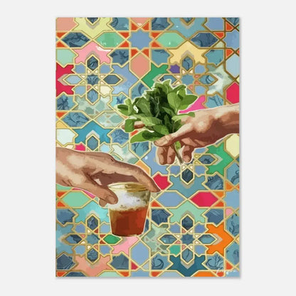 Une peinture vibrante et stylisée mettant en scène deux mains — l’une offrant un bouquet d’herbes vertes fraîches et l’autre tenant un petit bocal en verre rempli de liquide ambré sur un fond de mosaïque géométrique colorée.