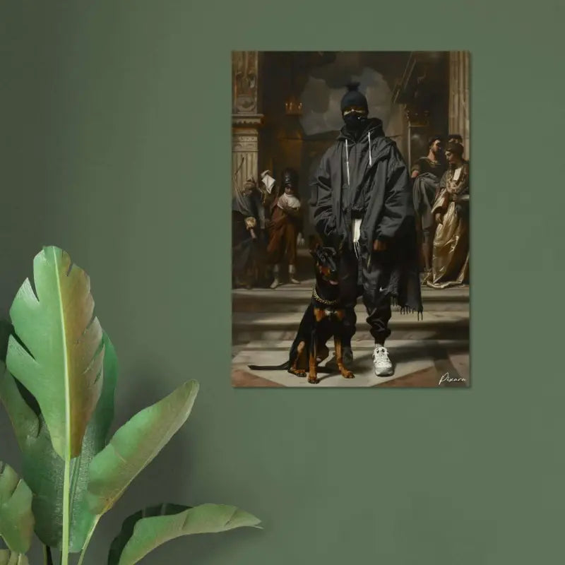 Veste à capuche noire avec un swoosh Nike blanc sur la cuisse gauche, portée par une personne debout à côté d’un doberman pinscher devant un décor de peinture classique ornée.