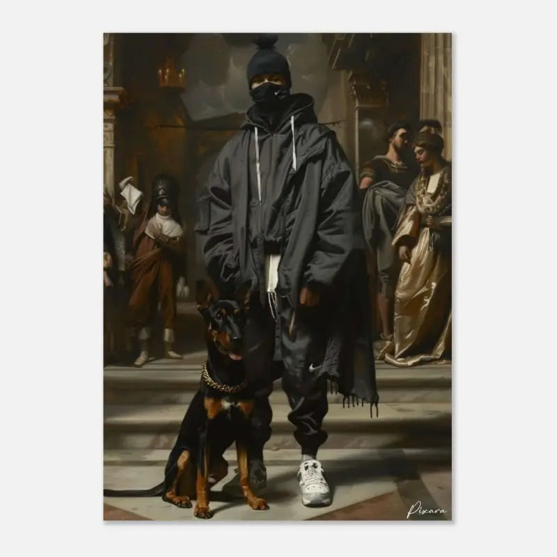 Veste à capuche noire avec cordons blancs et ourlet effiloché, assortie à un pantalon noir assorti présentant un swoosh Nike visible sur la jambe gauche.
