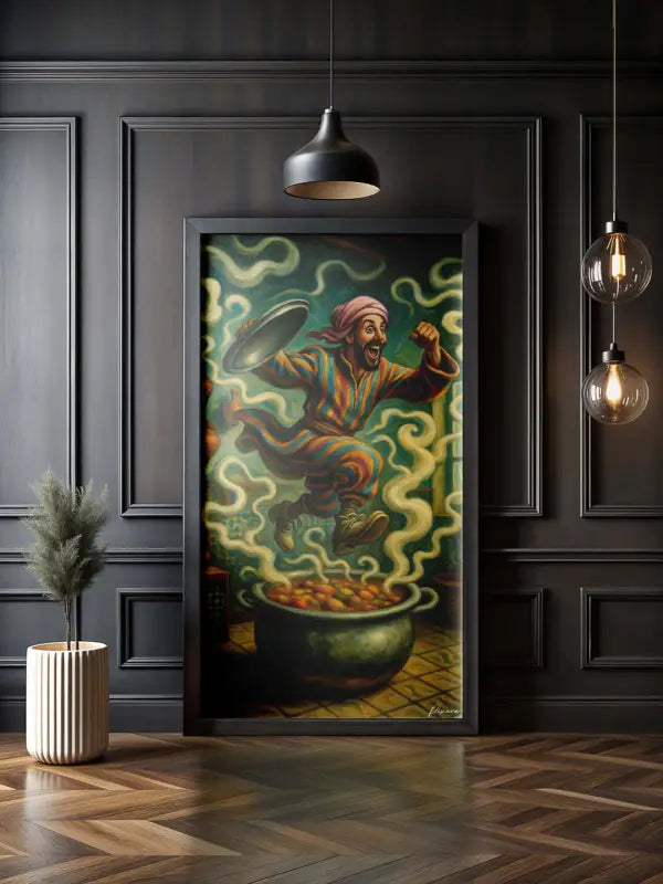 Une peinture encadrée vibrante représentant un chef joyeux en tenue colorée lançant des ingrédients au-dessus d’une casserole fumante de nourriture.