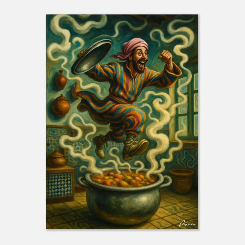 Chef vêtu d’une robe rayée vibrante sautant joyeusement au-dessus d’une casserole métallique fumante de ragoût coloré