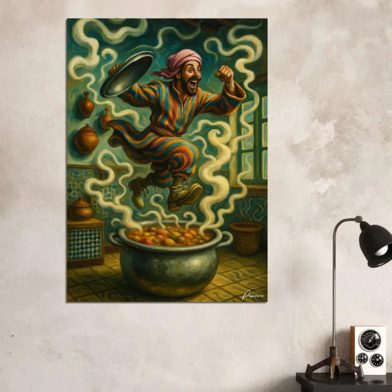 Peinture à l’huile vibrante dépeignant un homme joyeux en robes rayées colorées et turban rose sautant au-dessus d’une marmite fumante de ragoût, sur un fond de cuisine ornée.