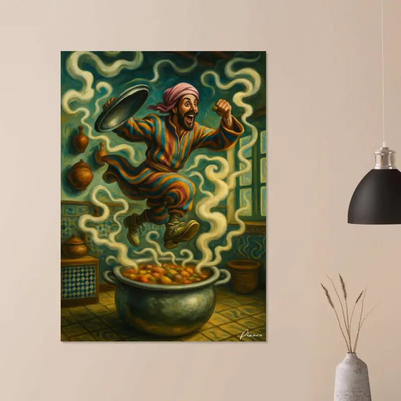 Toile vibrante peinte à l’huile représentant un homme joyeux en robes rayées colorées et turban rose sautant au-dessus d’un ragoût fumant dans une casserole en métal ornée.