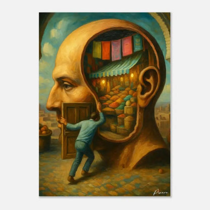 Une peinture à l’huile surréaliste représentant un homme poussant une porte en bois pour entrer dans l’intérieur d’une tête humaine géante, révélant une scène de marché illuminée à l’intérieur.