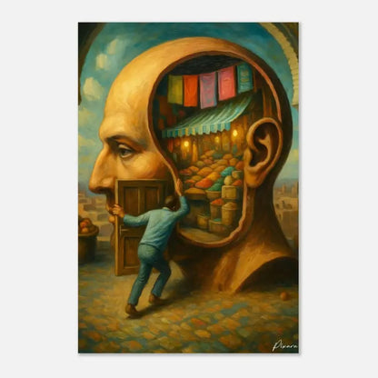Une peinture surréaliste dépeignant un homme poussant une porte en bois pour entrer dans l’intérieur d’une tête humaine géante, révélant une scène de marché illuminée à l’intérieur.