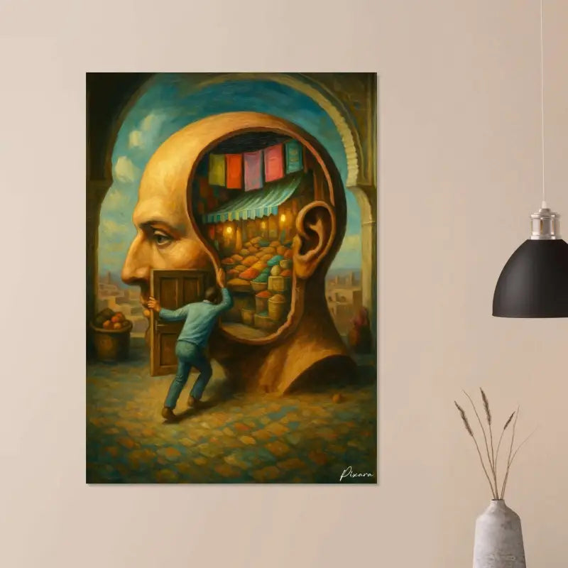 Une impression sur toile surréaliste dépeignant un homme poussant une porte pour entrer dans l’intérieur d’une tête humaine géante, révélant une scène de marché complexe à l’intérieur.