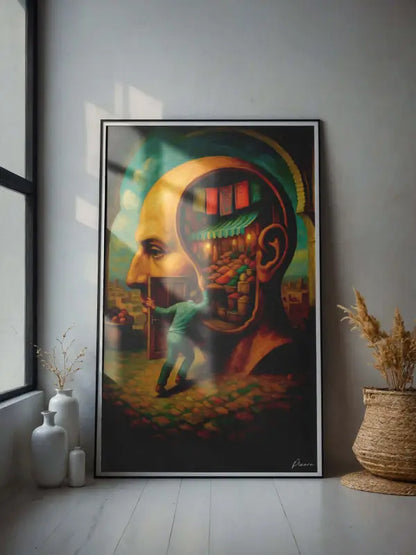 Une œuvre surréaliste encadrée représentant la tête d’un homme avec un intérieur ouvert révélant une scène de marché animée, rendue en couleurs riches et illustration détaillée.