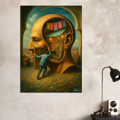 Une impression sur toile surréaliste dépeignant un homme poussant une porte pour entrer dans l’intérieur d’une tête humaine géante, révélant une scène de marché illuminée à l’intérieur.