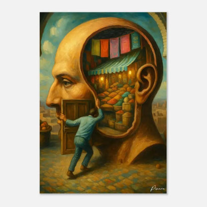 Une peinture à l’huile surréaliste dépeignant un homme poussant une porte en bois pour entrer dans l’intérieur d’une tête humaine géante, révélant une scène de marché illuminée à l’intérieur.