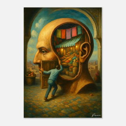 Une peinture surréaliste dépeignant un homme poussant une porte en bois pour entrer dans l’intérieur d’une tête humaine géante, révélant une scène de marché illuminée à l’intérieur.