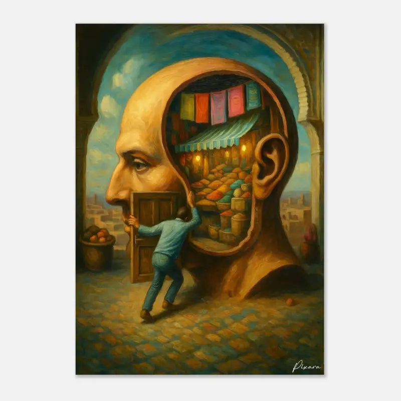 Une peinture surréaliste dépeignant un homme poussant une porte en bois pour entrer dans l’intérieur d’une tête humaine géante, révélant une scène de marché illuminée à l’intérieur.