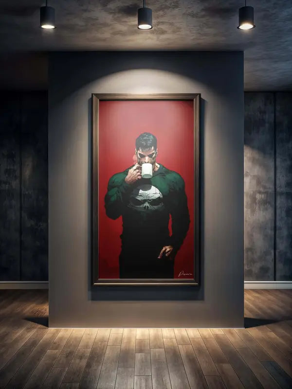 Une œuvre d’art encadrée représentant le punisseur dans un costume vert sur un fond rouge, enchâssée dans un cadre en bois sombre.