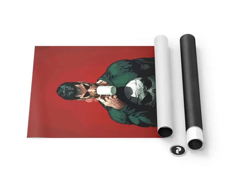 Affiche rouge présentant une illustration de bande dessinée du Punisher dans son costume vert avec emblème de crâne noir, tenant un objet cylindrique blanc.
