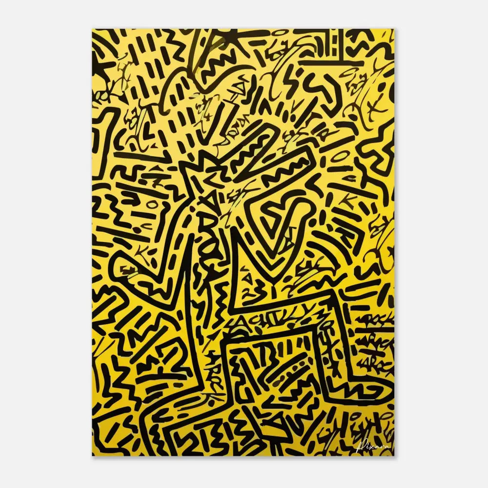 Toile jaune vibrant ornée d’un art abstrait linéaire audacieux en noir dans le style emblématique de Keith Haring.