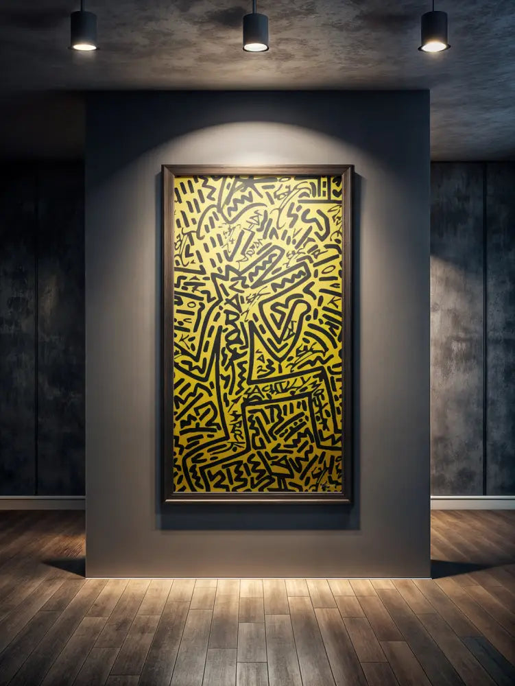 Une toile jaune vibrante avec des marques audacieuses en style graffiti noir, encadrée en bois sombre.