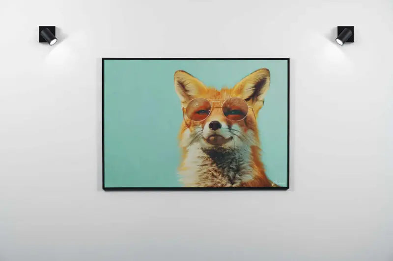 Une impression sur toile encadrée mettant en scène un renard à fourrure orange et lunettes de soleil rondes sur un fond turquoise.