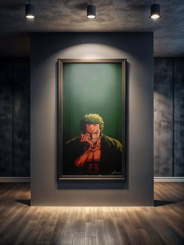 Un portrait encadré d’un personnage d’anime aux cheveux verts hérissés et à la chemise orange, sur fond sombre dans un cadre en bois élégant.