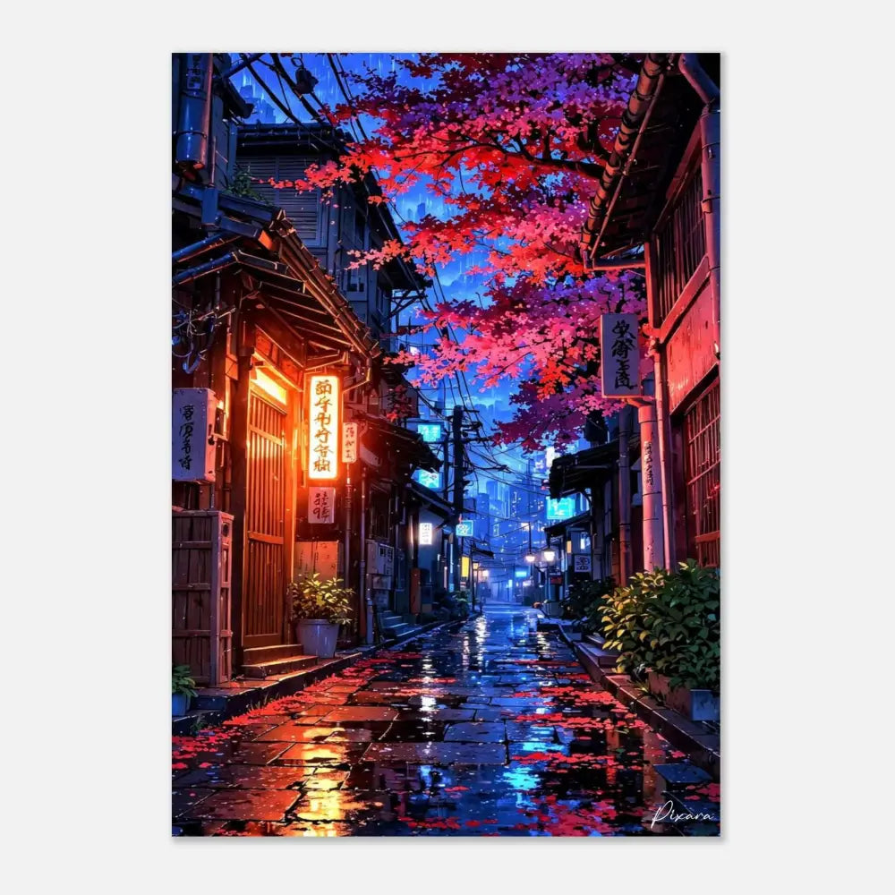 Des cerisiers en fleurs rose vif forment une arche au-dessus d’une ruelle humide et réfléchissante bordée de bâtiments en bois traditionnels et de panneaux néon lumineux.