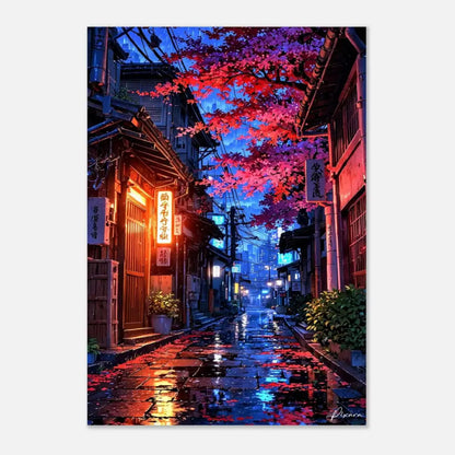 Des cerisiers en fleurs rose vif forment une arche au-dessus d’une ruelle humide et réfléchissante bordée de bâtiments en bois traditionnels et de panneaux néon lumineux.