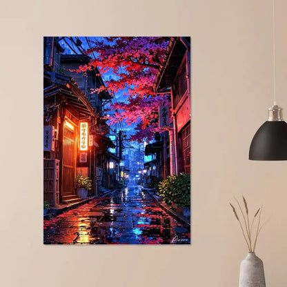 Impression sur toile d’une ruelle japonaise animée illuminée par des néons vibrants, avec des cerisiers en fleurs roses lumineux et des lanternes chaudes se reflétant sur le pavé de pierre mouillé.