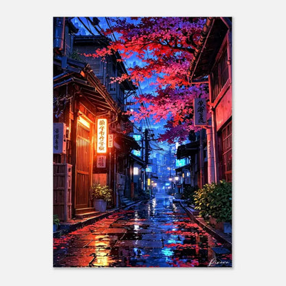 Impression sur toile d’une ruelle japonaise nostalgique illuminée de néons, avec des cerisiers en fleurs roses vibrants et des lanternes luminescentes se reflétant sur le pavé de pierre mouillé.