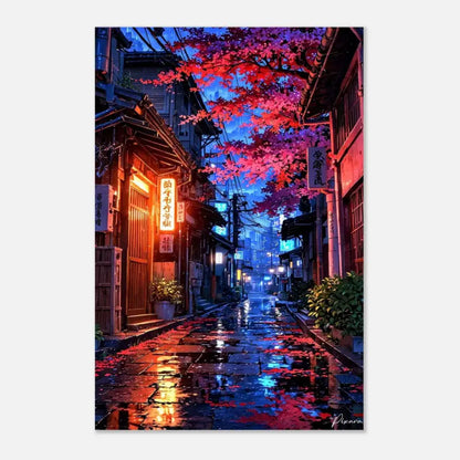 Impression sur toile d’une ruelle japonaise illuminée par des néons vibrants avec des feuilles d’érable rouges et violettes luisantes s’arquant au-dessus d’un chemin de pierre mouillé.
