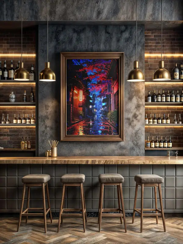 Une peinture encadrée avec une représentation vibrante et colorée d’une ruelle la nuit sous des lumières rouges et bleues.